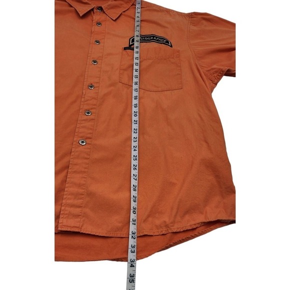 Harley Davidson Photographer Motorcycle Button Up Mechanics Shirt Orange Vtg 2XL - Picture 6 of 8